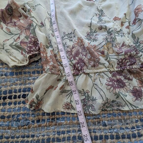 Chiffon Blouse L/S Brown Floral True Wrap Peplum Vneck M Coquette Fairy Grunge - Picture 4 of 6